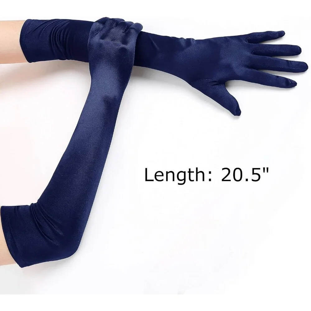 Women's Smooth Navy Blue Long Satin Gloves Elbow Length Party Costume Accessory